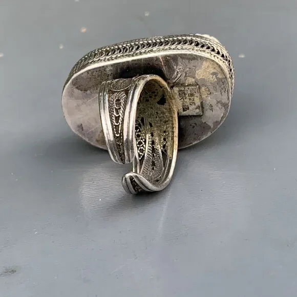 Statement Ring . Israel sterling silver Roman glass ring . Silver Filigree Jewe